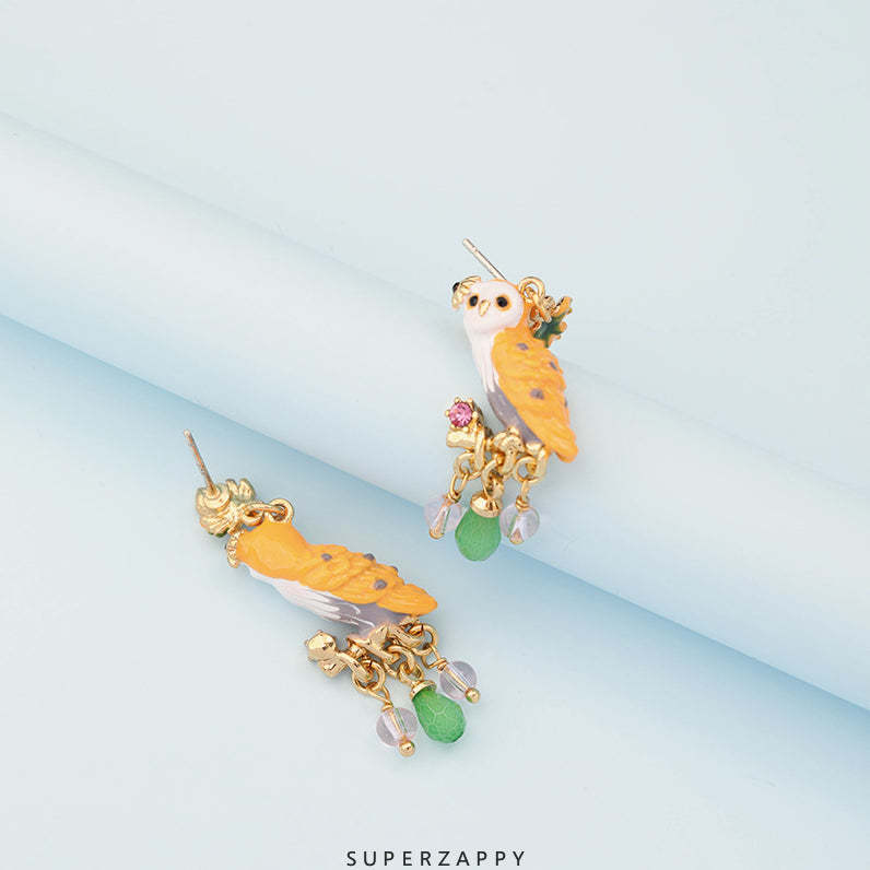 Snow Owl Maple Leaf Tassel Drop Earrings