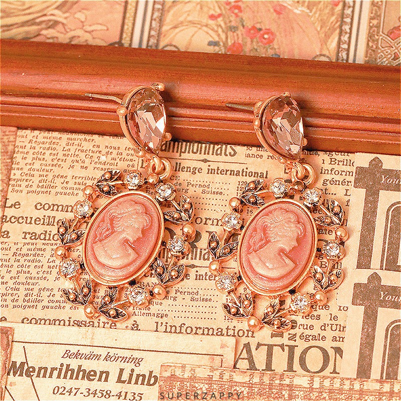 Pink Cameo Oval Earrings with Engraved Lady Portrait