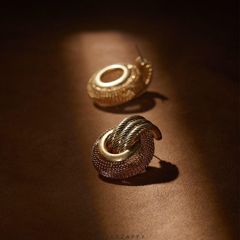 Metallic Hollow Tire Hoop Earrings - 18K Matte Gold Plated with Vintage Punk Flair