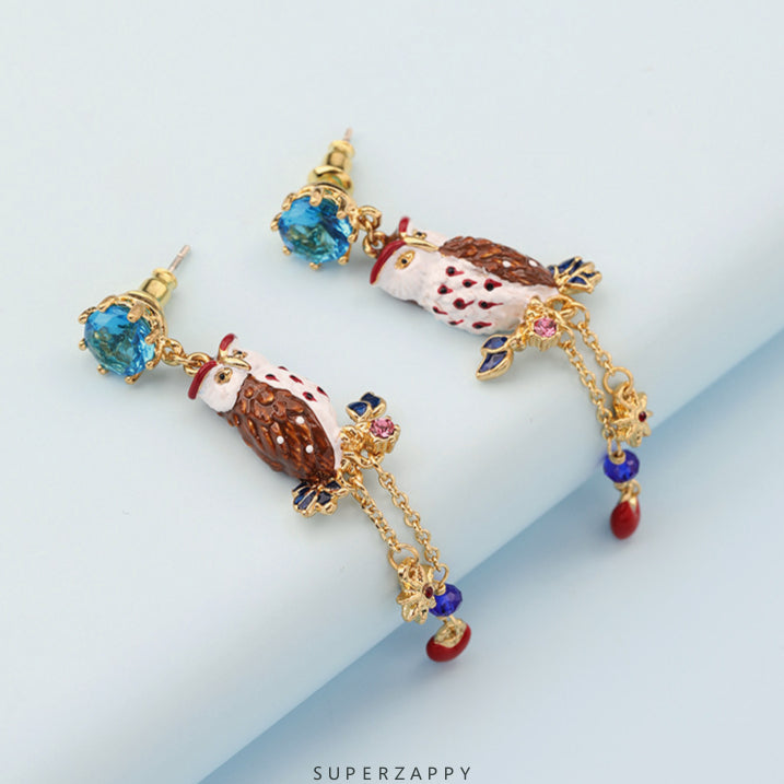 Owl Sapphire Long Tassel Pendant Earrings