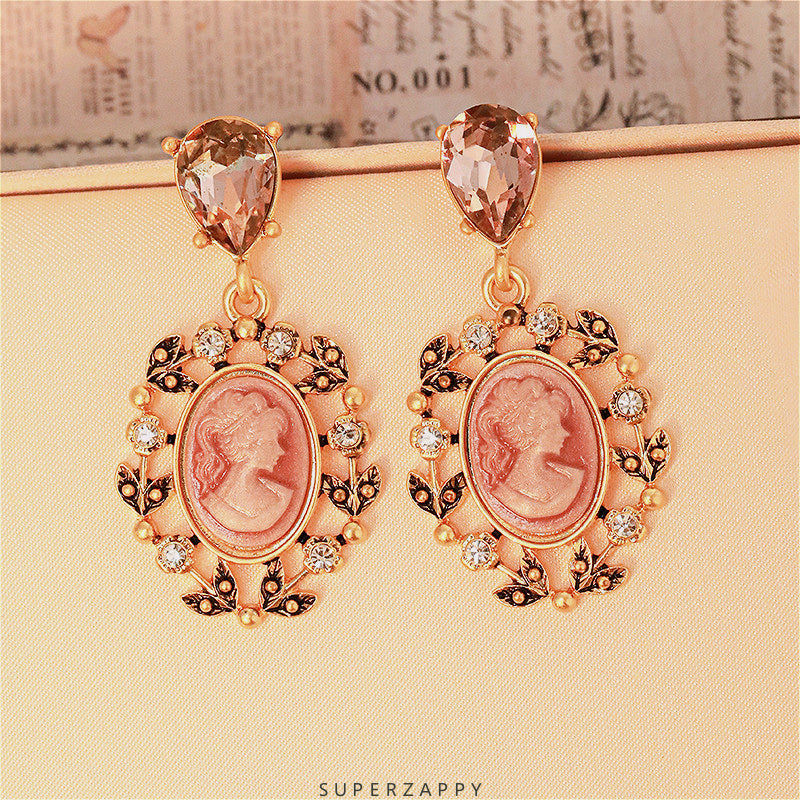 Pink Cameo Oval Earrings with Engraved Lady Portrait
