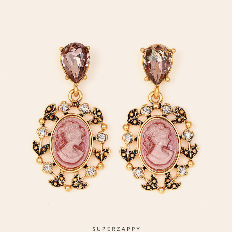 Pink Cameo Oval Earrings with Engraved Lady Portrait