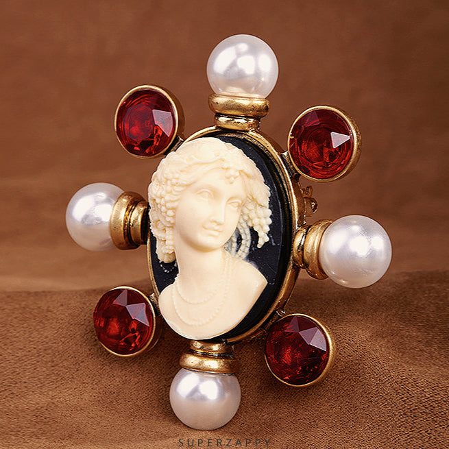 Regal Cameo Lady Pearl Floral Brooch Pin