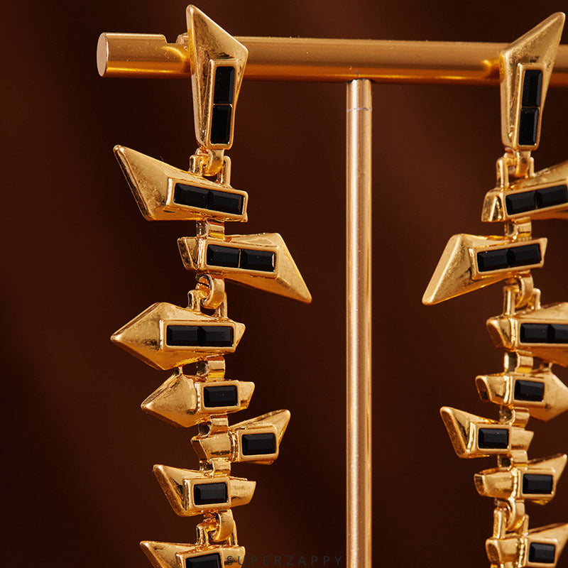 Gatsby-Inspired Geometric Black and Gold Long Earrings