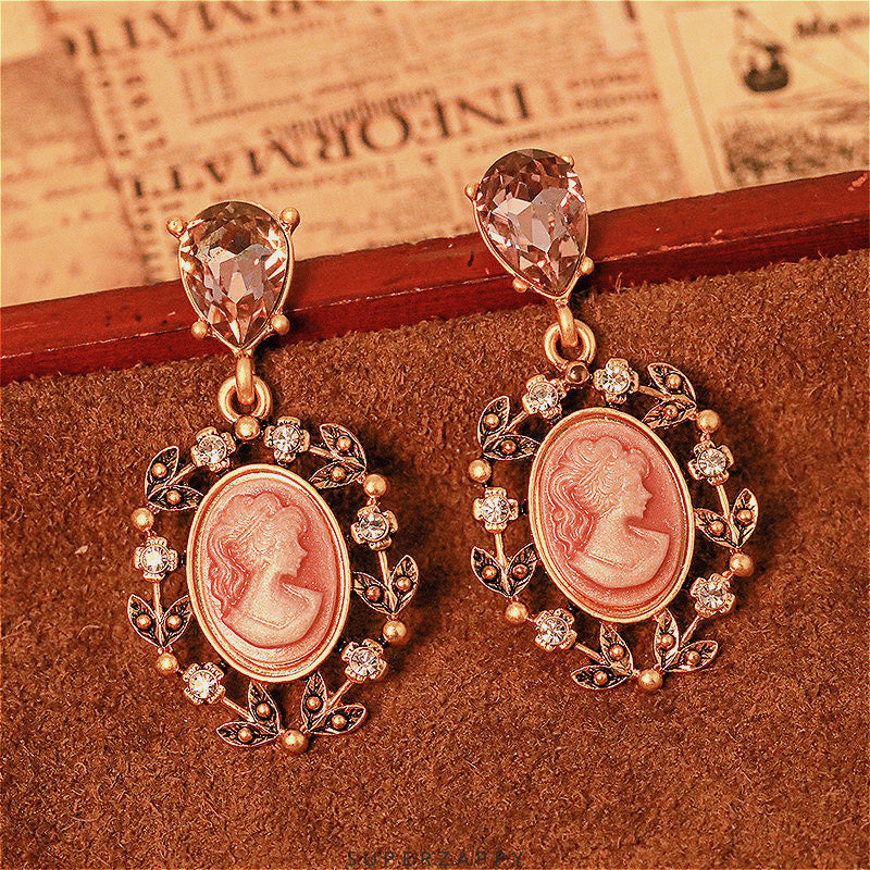 Pink Cameo Oval Earrings with Engraved Lady Portrait