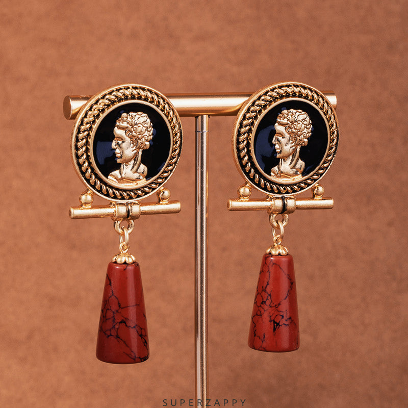 Cameo Red Turquoise Long Drop Earrings - Symbolizing Good Fortune and Prosperity
