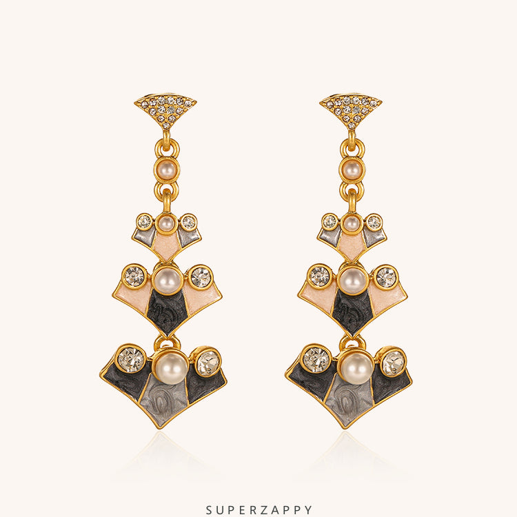 Silk Road Long Drop Earrings -  Vintage Enamel & Pearl