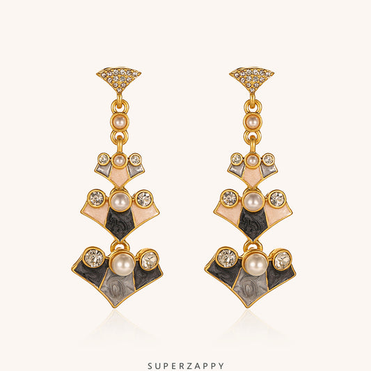 Silk Road Long Drop Earrings -  Vintage Enamel & Pearl