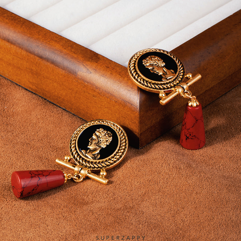 Cameo Red Turquoise Long Drop Earrings - Symbolizing Good Fortune and Prosperity