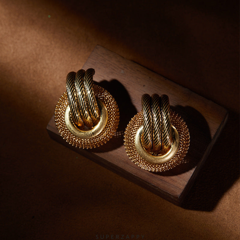 Metallic Hollow Tire Hoop Earrings - 18K Matte Gold Plated with Vintage Punk Flair