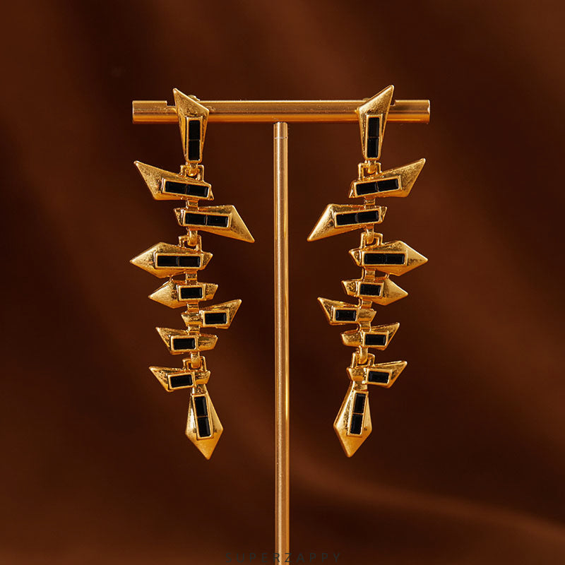 Gatsby-Inspired Geometric Black and Gold Long Earrings