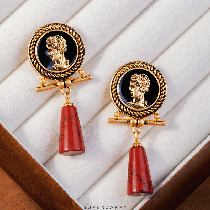 Cameo Red Turquoise Long Drop Earrings - Symbolizing Good Fortune and Prosperity