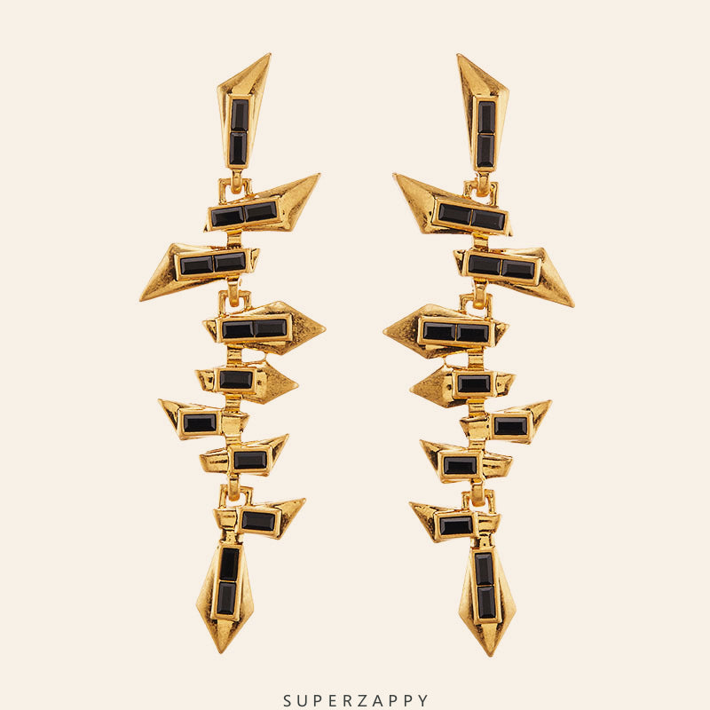 Gatsby-Inspired Geometric Black and Gold Long Earrings