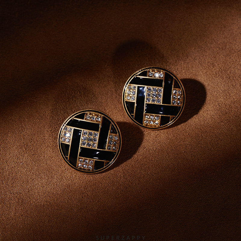 Vintage Black Enamel Round Earrings with Zircon