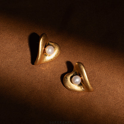 Vintage Heart-Shaped Pearl Earrings - 18K Matte Gold-Plated with Natural Freshwater Pearls