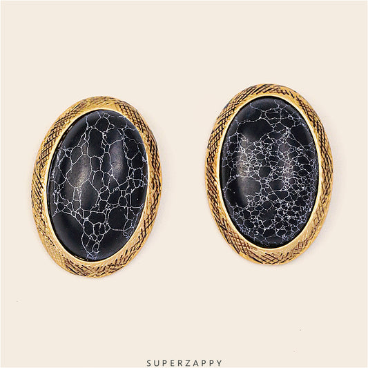 Black Natural Stone Black and Gold Oval Earrings