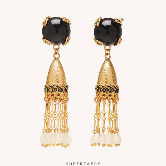 Bohemian Black Onyx Bell Tassel Drop Earrings with Mother-of-Pearl & Cat’s Eye Beads