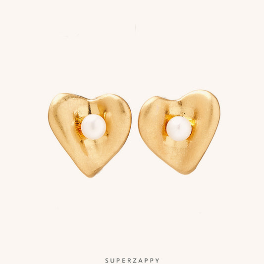 Vintage Heart-Shaped Pearl Earrings - 18K Matte Gold-Plated with Natural Freshwater Pearls