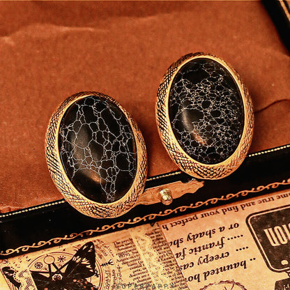 Black Natural Stone Black and Gold Oval Earrings