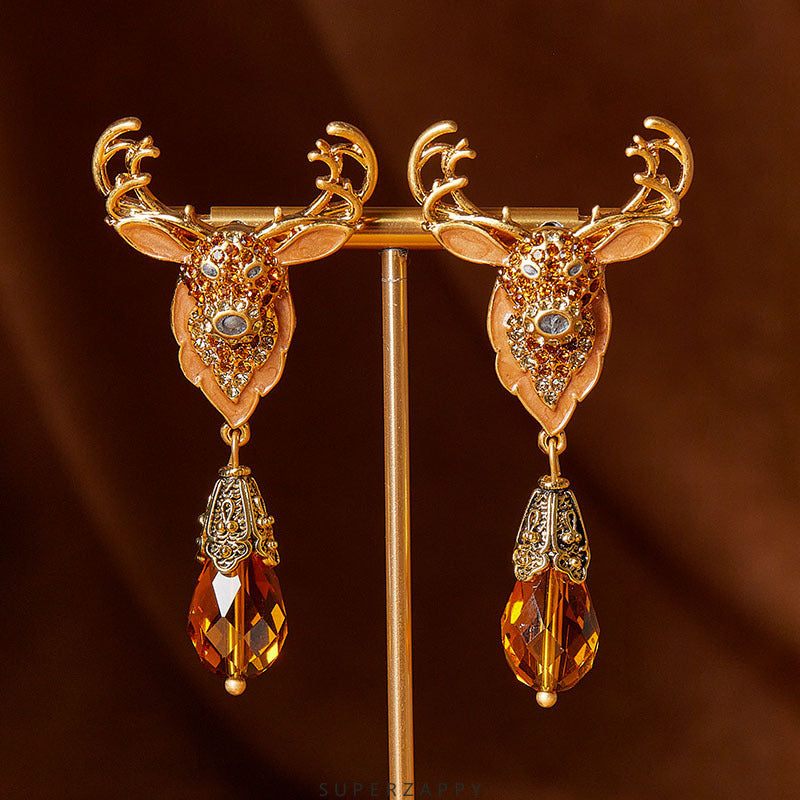 Brown Antler Drop Earrings with Czech Rhinestones