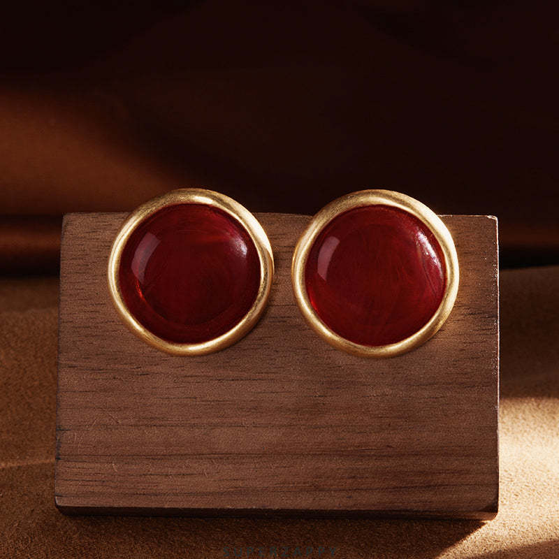 French Red Glass Bead Pearl Stud Earrings