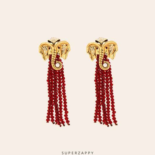 Elephant Red Zircon Tassel Pearl Earrings