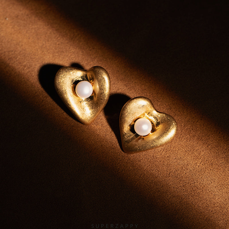 Vintage Heart-Shaped Pearl Earrings - 18K Matte Gold-Plated with Natural Freshwater Pearls