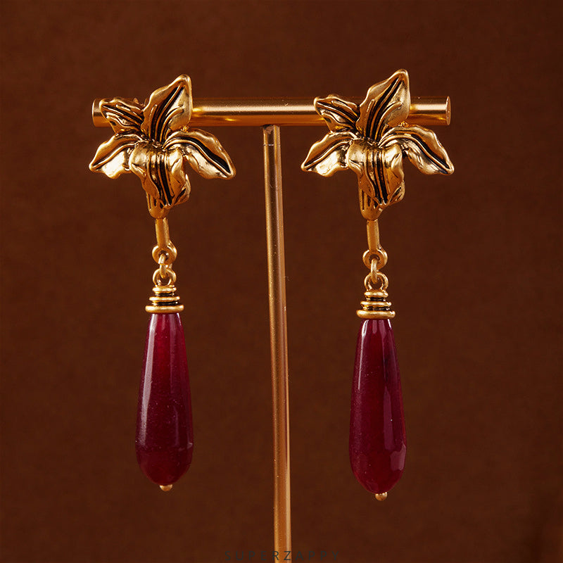 French Red Agate Maple Leaf Drop Earrings