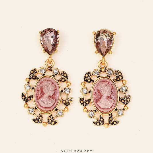 Pink Cameo Oval Earrings with Engraved Lady Portrait