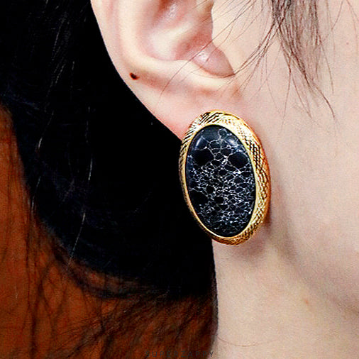 Black Natural Stone Black and Gold Oval Earrings