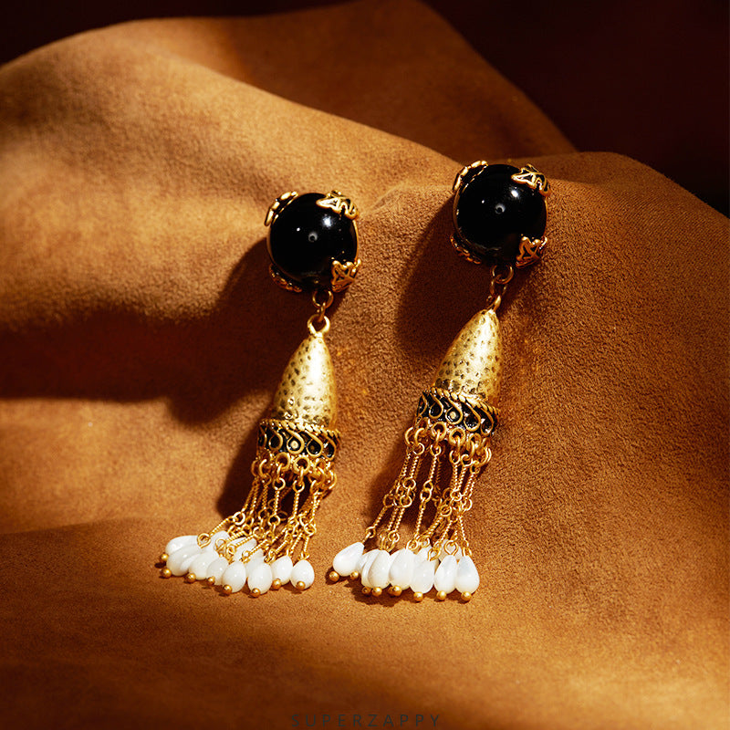 Bohemian Black Onyx Bell Tassel Drop Earrings with Mother-of-Pearl & Cat’s Eye Beads