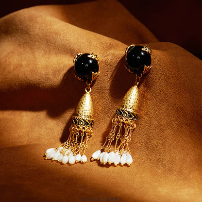 Bohemian Black Onyx Bell Tassel Drop Earrings with Mother-of-Pearl & Cat’s Eye Beads