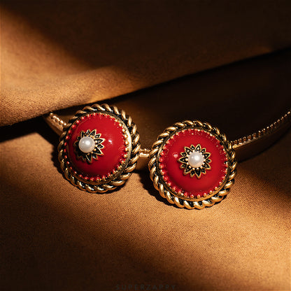 French Red Enamel Pearl Disc Earrings