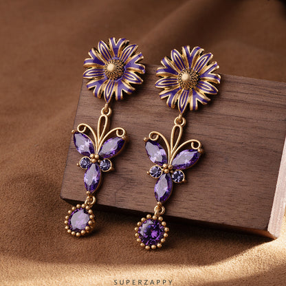 Purple Butterfly Flower Enamel Earrings