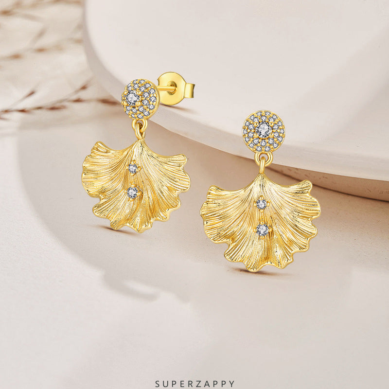 Niche Vintage Ginkgo Leaf Zircon Earrings