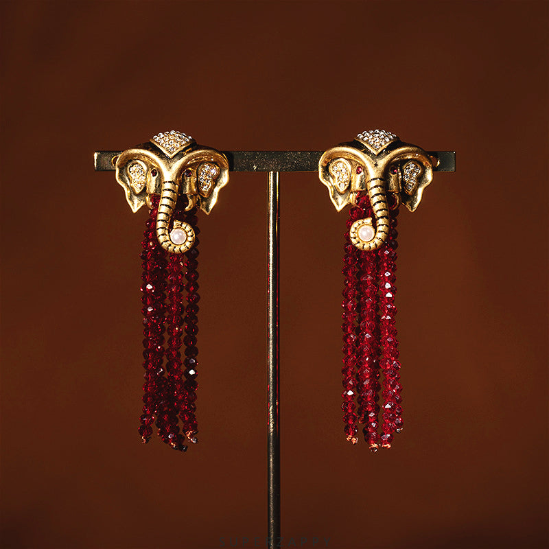 Elephant Red Zircon Tassel Pearl Earrings