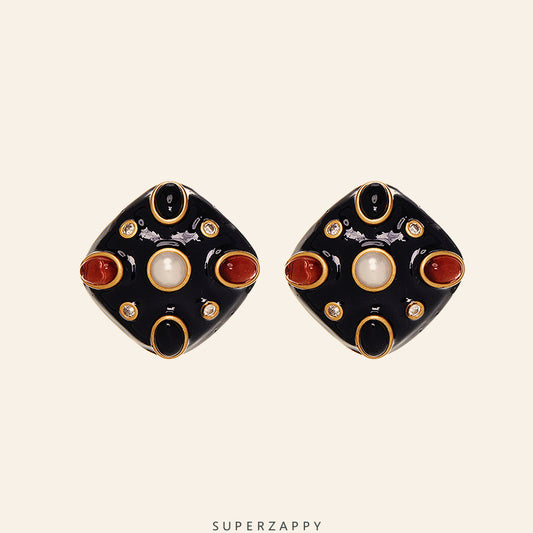 Vintage-Inspired Black Enamel Pearl Square Stud Earrings-