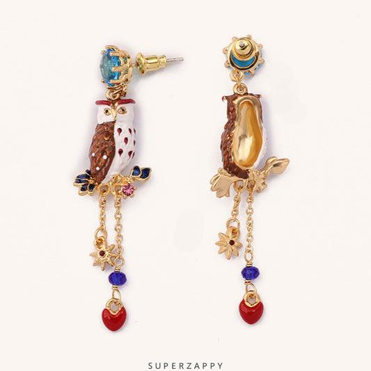 Owl Sapphire Long Tassel Pendant Earrings