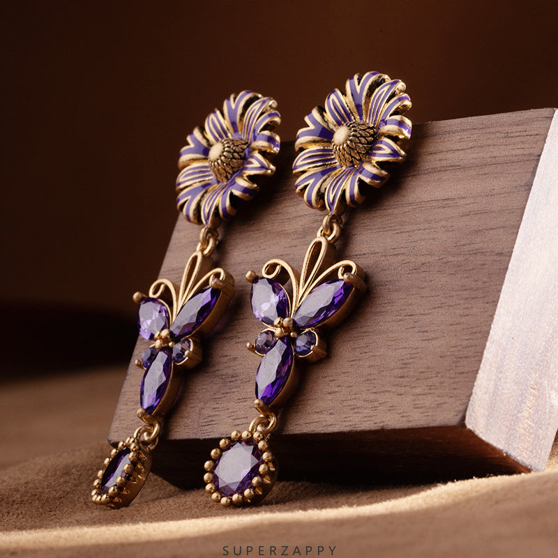 Purple Butterfly Flower Enamel Earrings