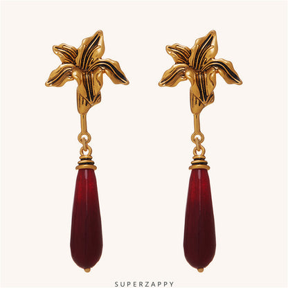 French Red Agate Maple Leaf Drop Earrings