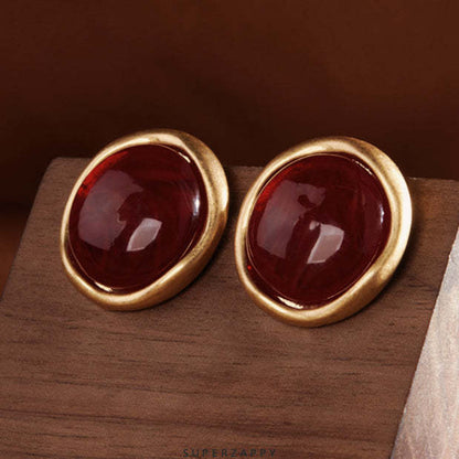 French Red Glass Bead Pearl Stud Earrings