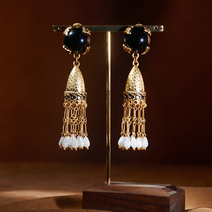 Bohemian Black Onyx Bell Tassel Drop Earrings with Mother-of-Pearl & Cat’s Eye Beads