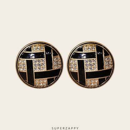 Vintage Black Enamel Round Earrings with Zircon