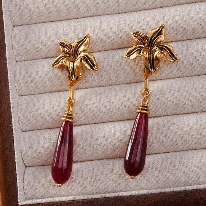 French Red Agate Maple Leaf Drop Earrings