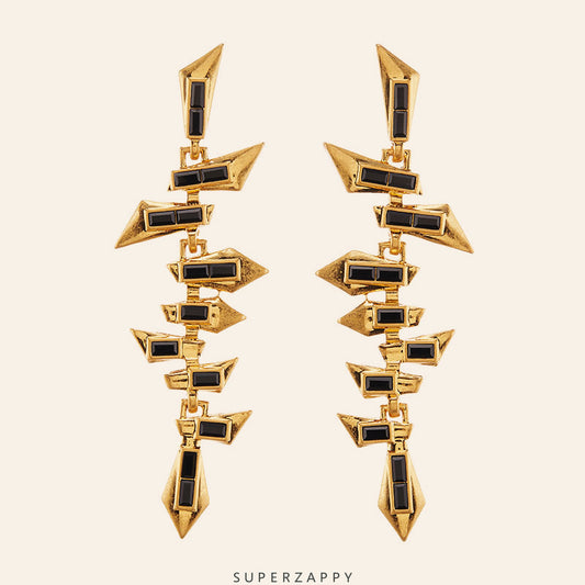 Gatsby-Inspired Geometric Black and Gold Long Earrings