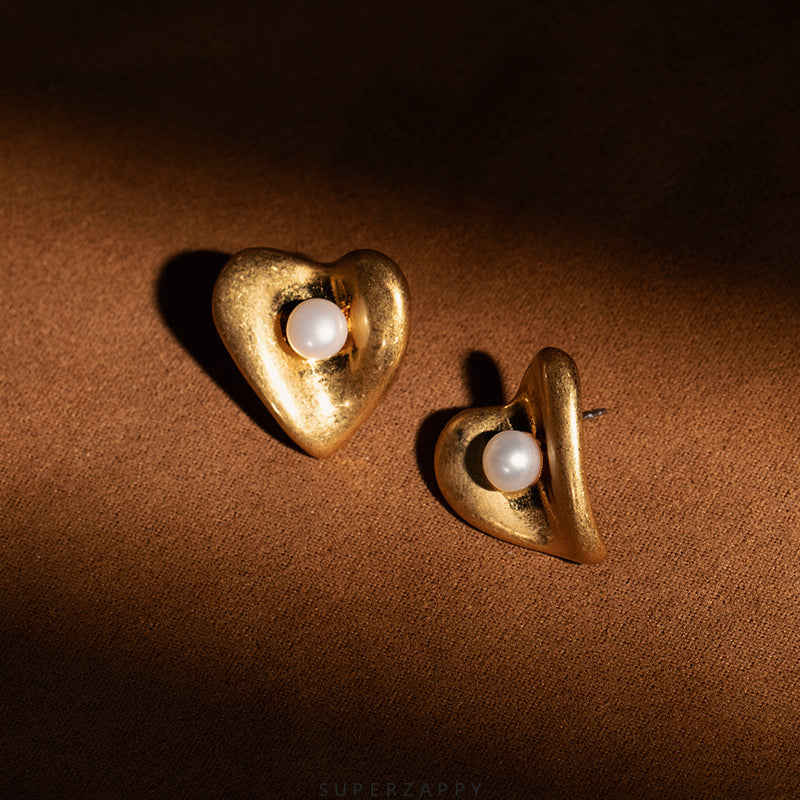 Vintage Heart-Shaped Pearl Earrings - 18K Matte Gold-Plated with Natural Freshwater Pearls