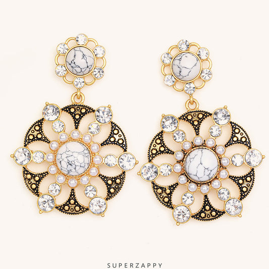 White Turquoise Floral Drop Earrings with Czech Rhinestones & Pearl