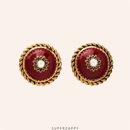 French Red Enamel Pearl Disc Earrings