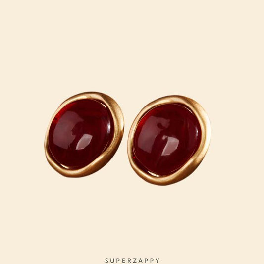 French Red Glass Bead Pearl Stud Earrings