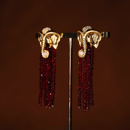 Elephant Red Zircon Tassel Pearl Earrings